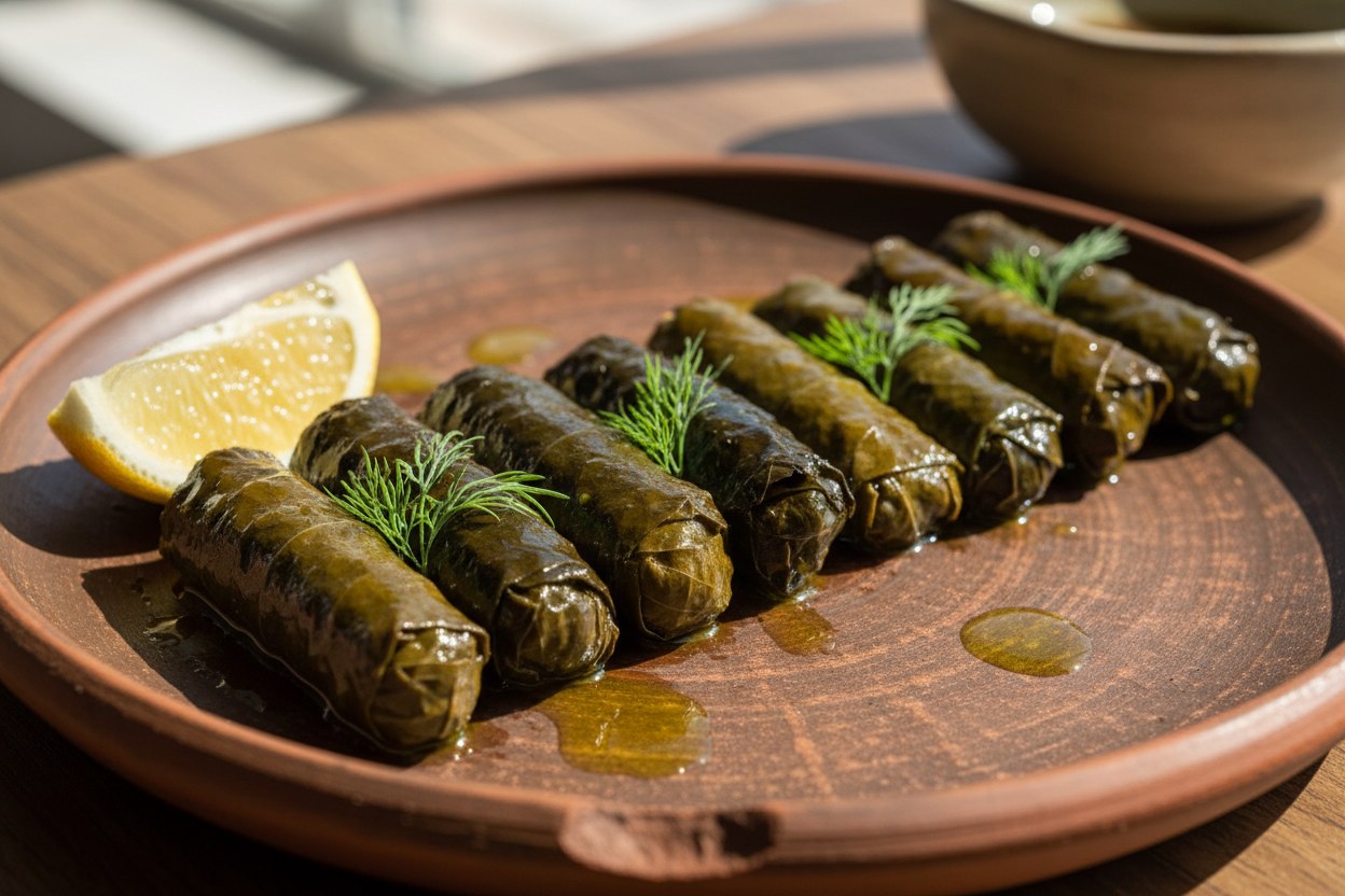 Zeytinyağlı yaprak sarma dizisi, limon dilimiyle